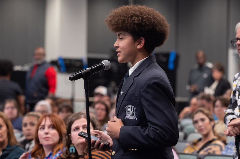 Jeremiah Taylor, 15, a student at the Young Men’s Leadership Academy, speaks in favor of the...