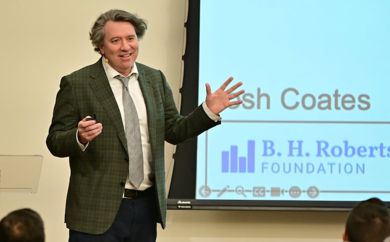 Josh Coates of the B.H. Roberts Foundation speaks about LDSBot in Salt Lake City on Wednesday, Nov. 5, 2025.