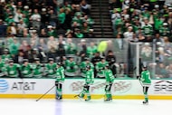 Dallas Stars players high fives the bench following a goal during the second period of an...