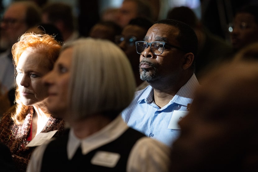 Stewpot’s Brenda Snitzer and Danny Buford listen to speakers at a Communities Foundation...