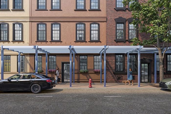 Arup's “Flex Shed,” another light-duty option intended for smaller projects, like façade work on the brownstones in the rendering.