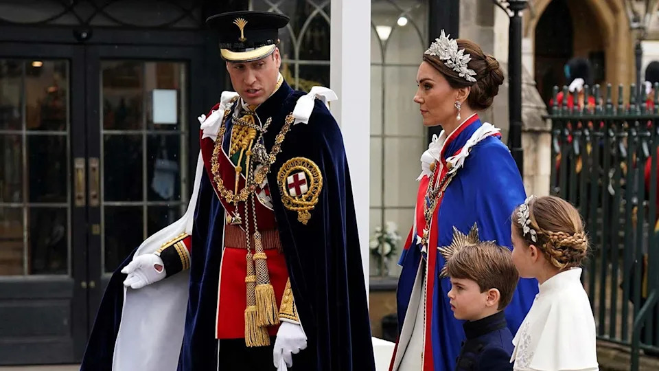 The Prince and Princess of Wales with Princess Charlotte and Prince Louis arriving at Westminster Abbey
