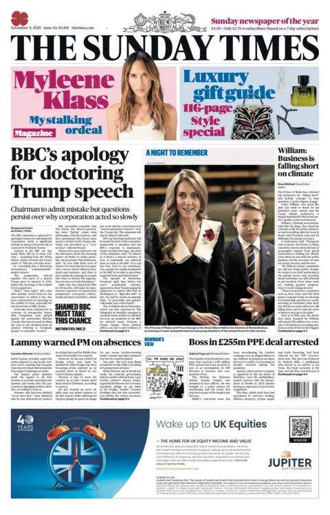 The headline on the front page of the Times reads: “BBC's apology for doctoring Trump speech”.