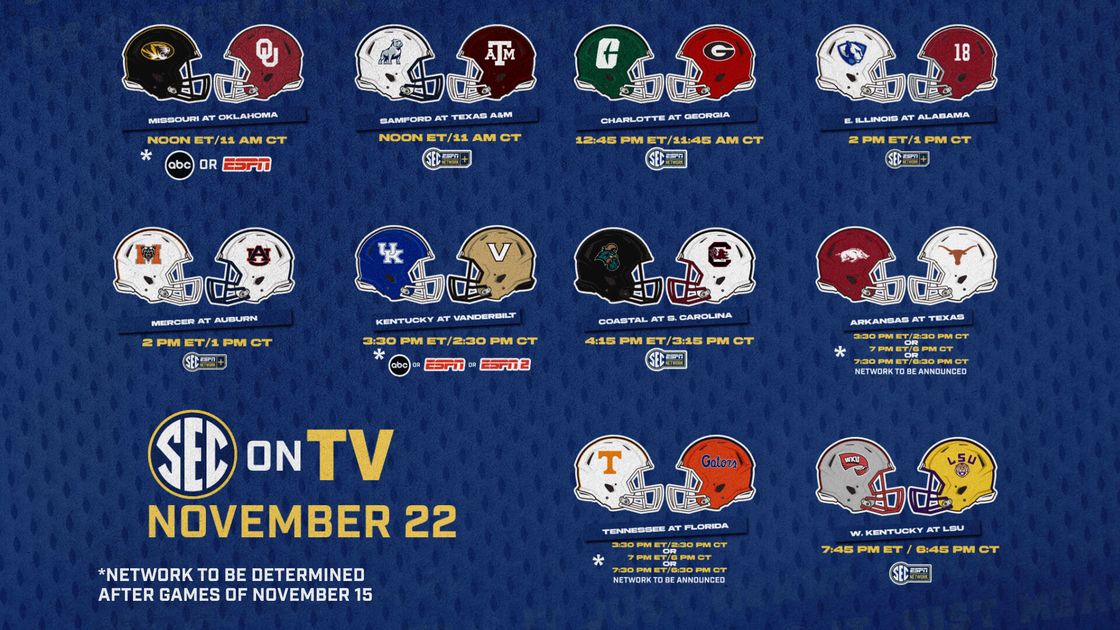 SEC announces football TV schedule for Nov. 15 and 22 - Southeastern Conference