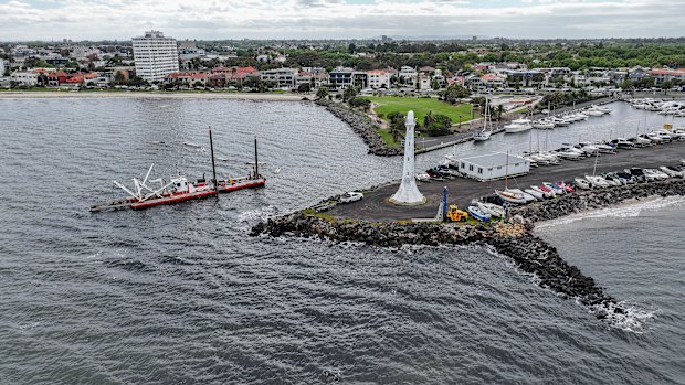 Dredging at the entrance of the St Kilda Marina channel on Wednesday.
