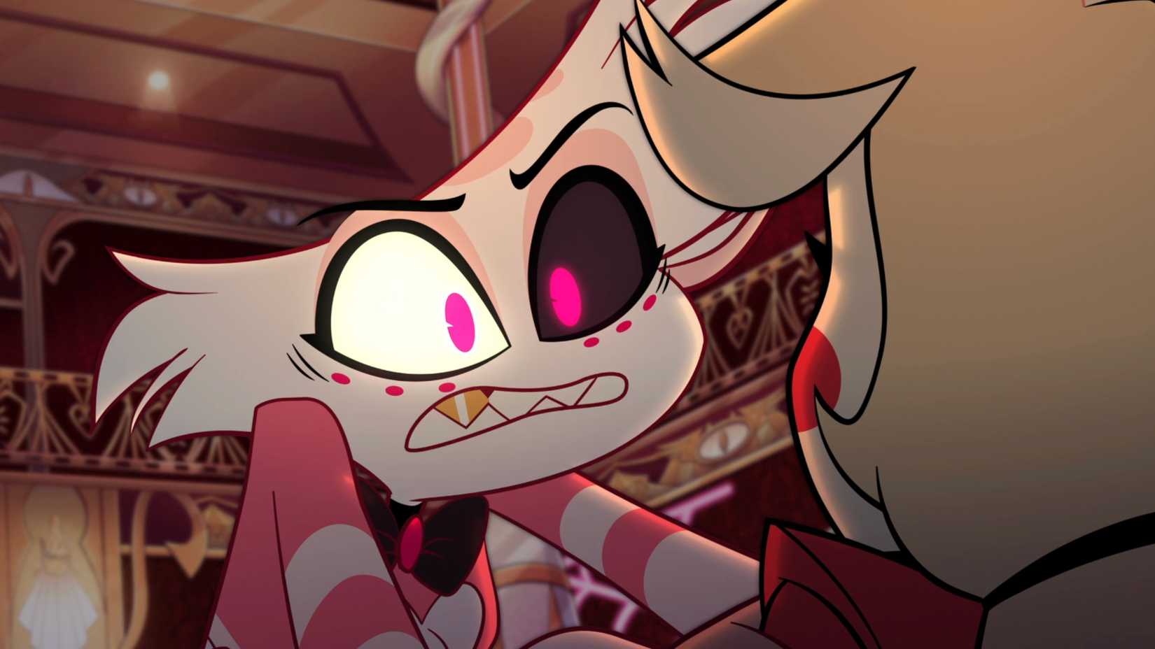 Angel Dust grabbing Charlie's shoulders in a panic in Hazbin Hotel season 2 episode 3