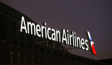The American Airlines logo is stands atop the American Airlines Center, Dec. 19, 2017, in Dallas.