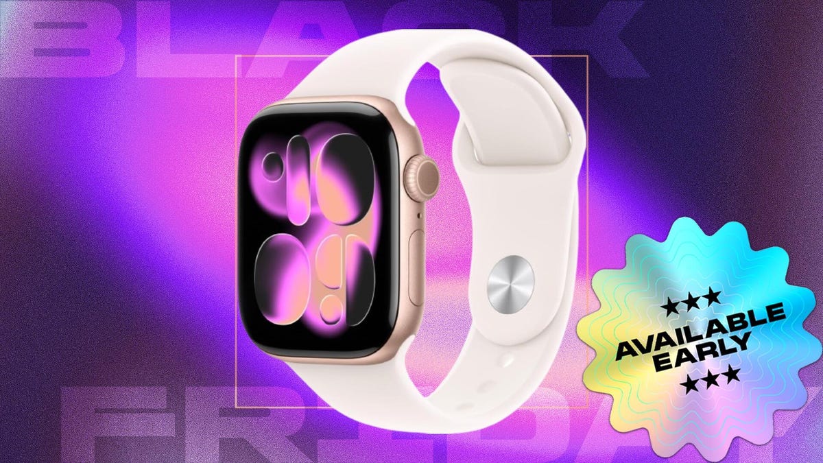 Apple Watch Series 11 in rose gold on purple background