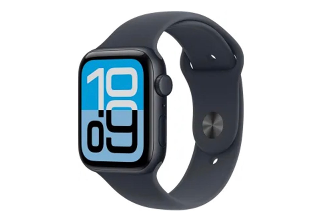 Apple Watch with a blue band and a blue and black screen displaying "10:09".