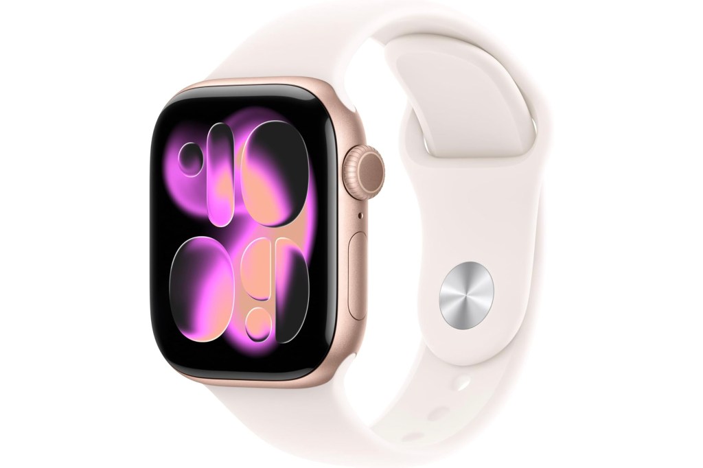 A rose gold Apple Watch with a pink band, displaying a neon pink and purple watch face.