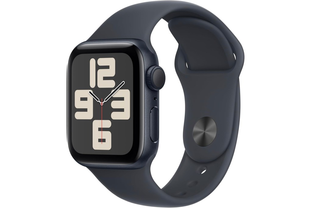A space gray Apple Watch with a dark blue band displays a watch face with oversized numbers 12, 9, 6, and 3.