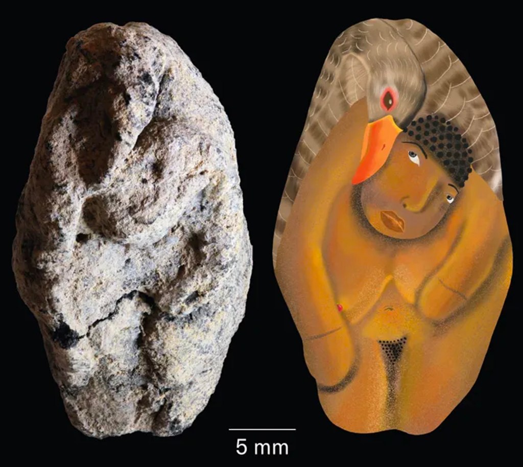 Ancient figurine depicting a goose embracing a woman, next to an illustration showing the details.