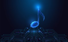 AI-generated music and sound innovation visualized by glowing digital note on circuit board on dark blue background. Music tech, sound synthesis, and smart entertainment Concept. Vector illustration