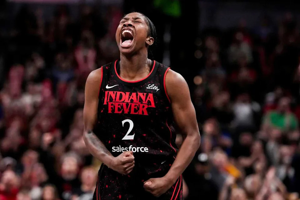 Indiana Fever guard Aari McDonald (2) yells in excitement during a game.Grace Hollars&sol;IndyStar &sol; USA TODAY NETWORK via Imagn Images