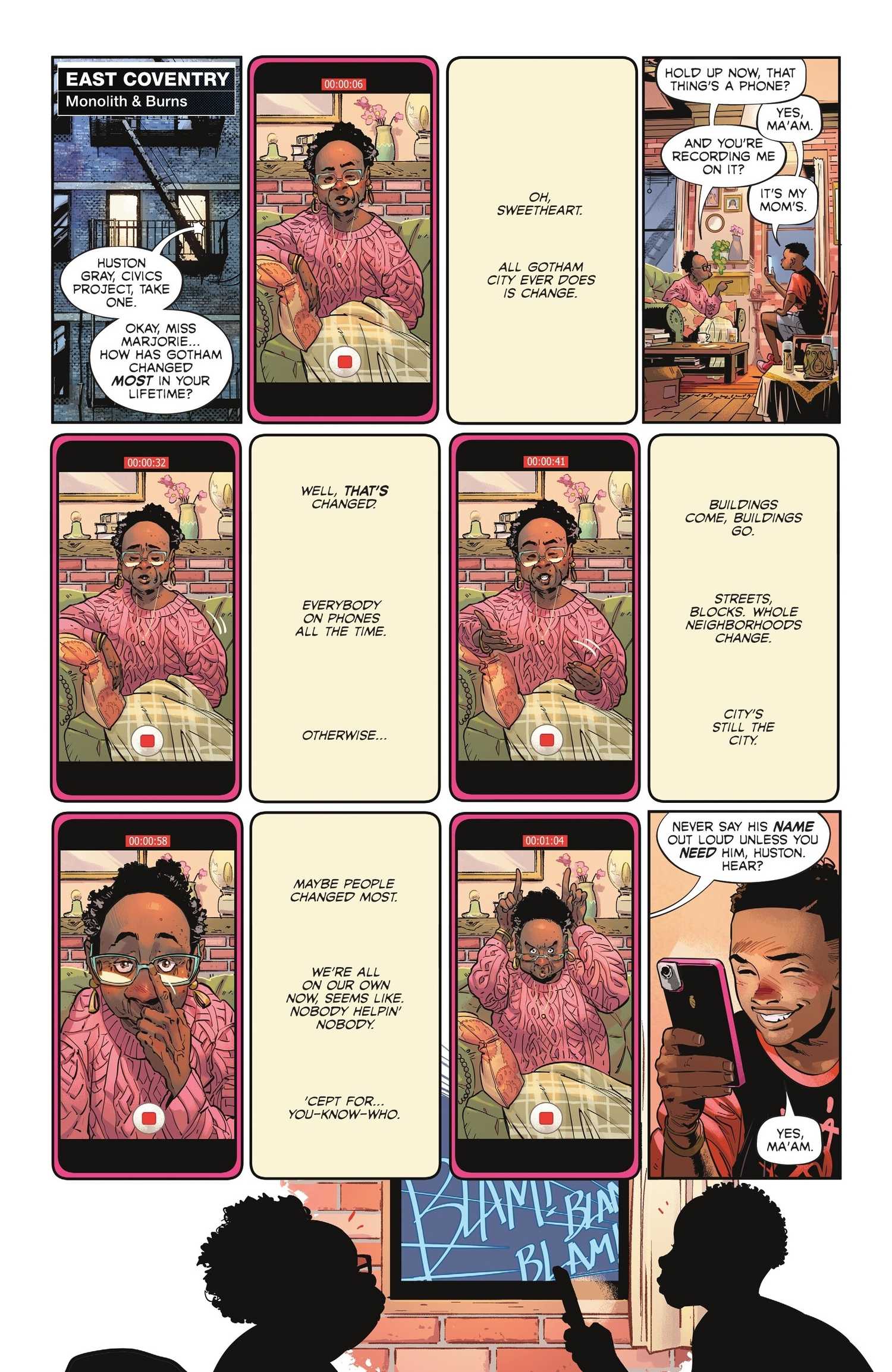 A young boy interviews a neighbor