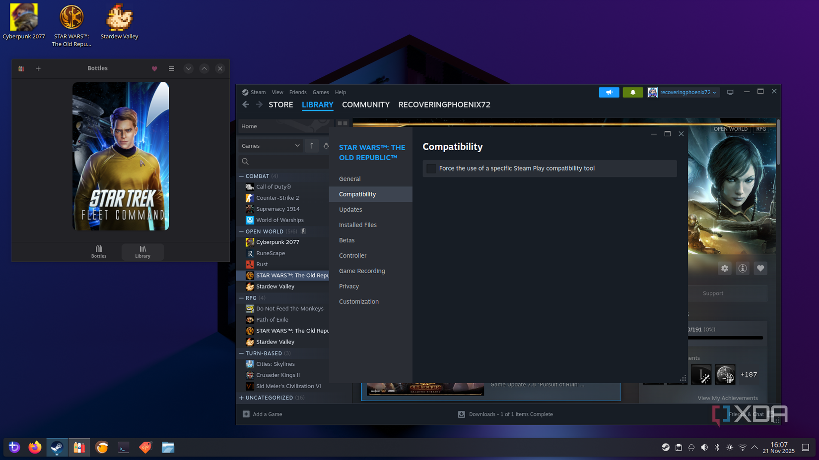 Bazzite desktop showing Steam and game icons