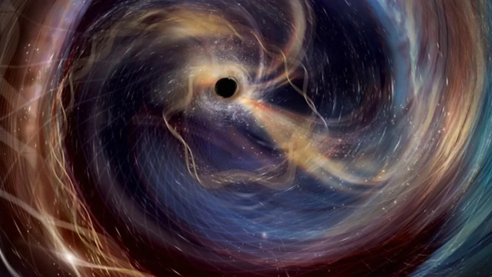  An illustration of two colliding black holes. 