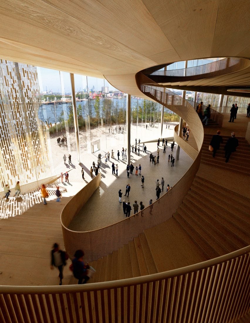 Timber staircase feature within the Hamburg State Opera