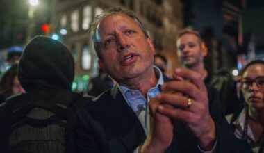 New York City Comptroller Brad Lander participates a protest against immigration crackdown in the aftermath of a raid on Tuesday, Oct. 21, 2025, in New York. (AP Photo/Olga Fedorova)