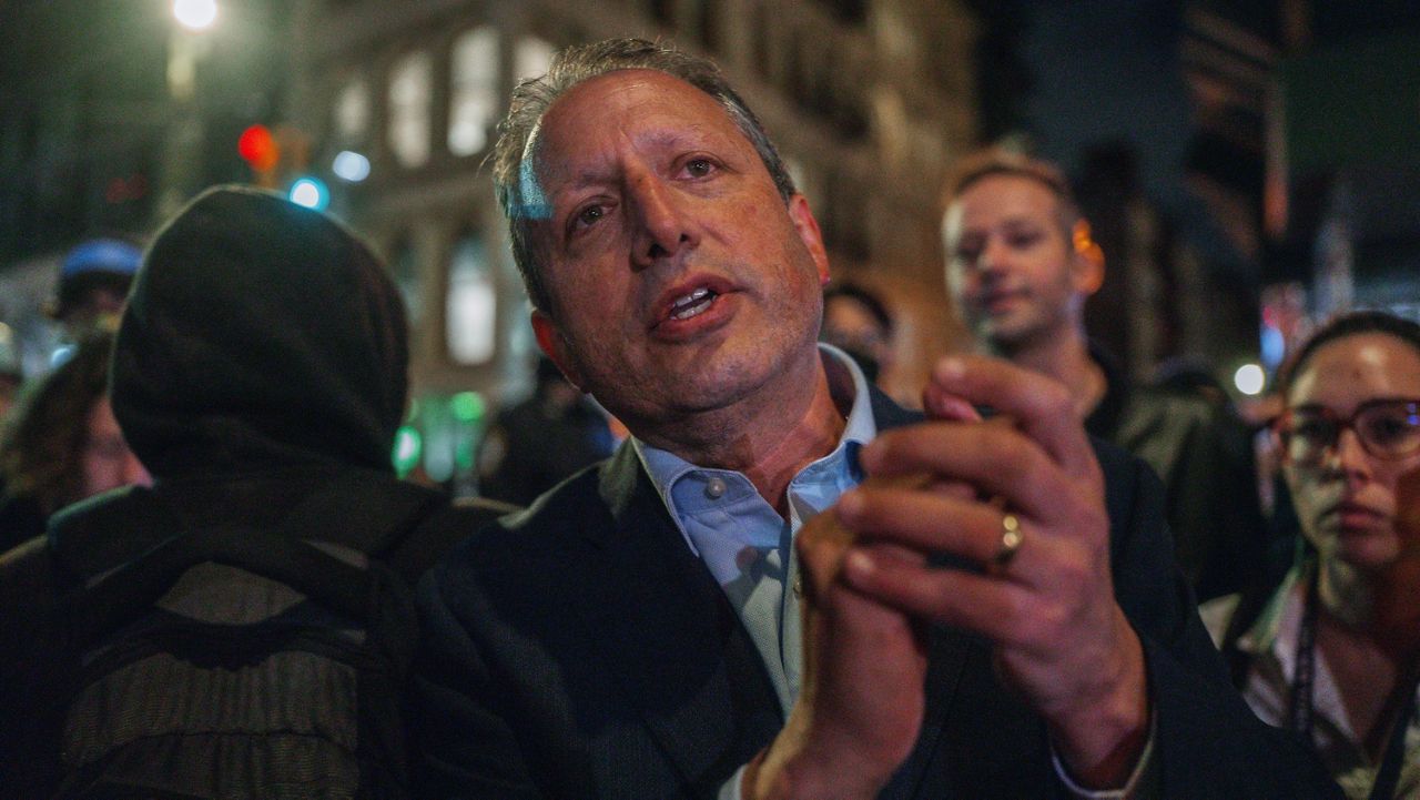 New York City Comptroller Brad Lander participates a protest against immigration crackdown in the aftermath of a raid on Tuesday, Oct. 21, 2025, in New York. (AP Photo/Olga Fedorova)