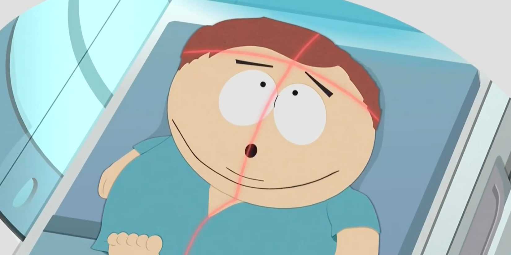 Cartman looking worried in an MRI machine from South Park season 28 episode 1