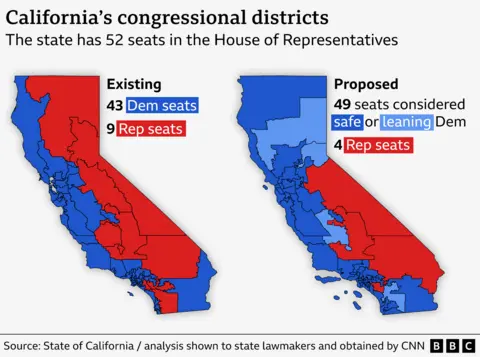 A graphic shows how California congressional lines will be redrawn under Prop 50 - allowing Democrats to more easily take five seats from Republicans.