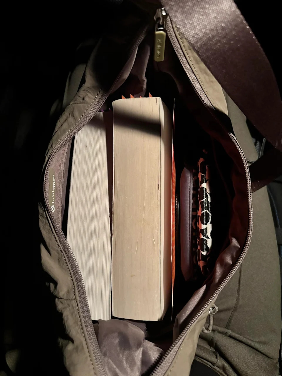 Open bag with two large books and a patterned fabric case inside
