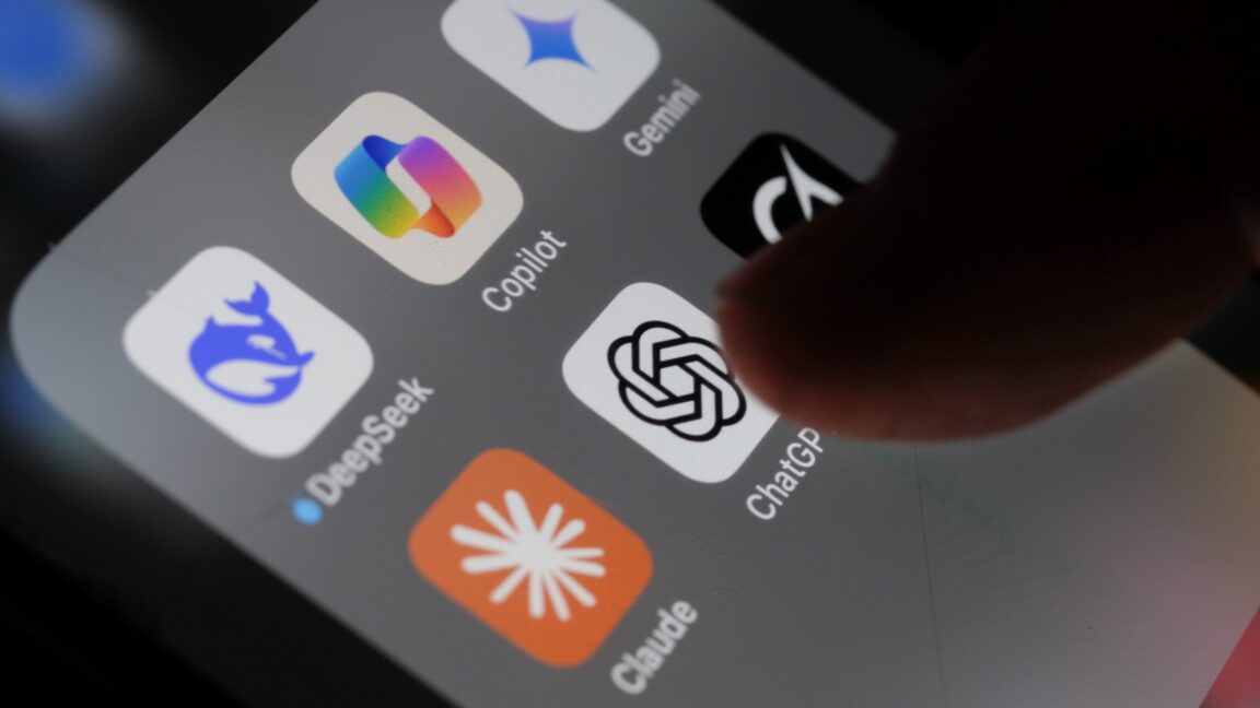 A person's finger tapping a ChatGPT app icon on an iPhone screen that also shows icons for DeepSeek, Gemini, Copilot, Grok, and Claude.