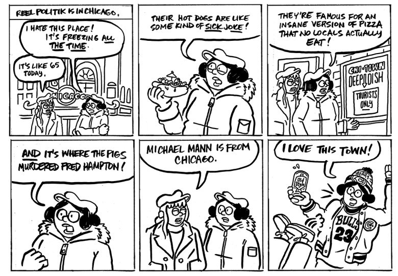 a black-and-white comic of a person hating on Chicago until they find out Michael Mann is from there