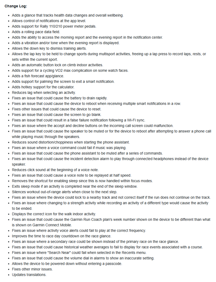 The change log for software version 15.16 for the Garmin Forerunner 970 smartwatch. (Image source: Garmin)