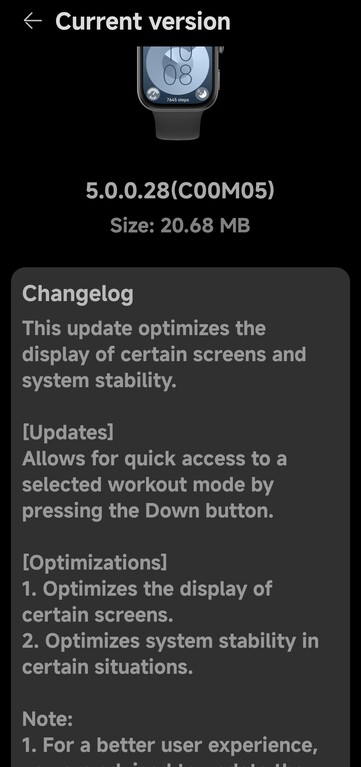 The change log for software version 5.0.0.28 for the Huawei Watch Fit 3. (Image source: Reddit)