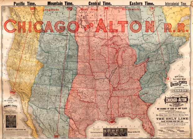 A Chicago & Alton Railroad map shows the new time zones created in 1883 to help railroads with scheduling. (Rand, McNally & Co.)