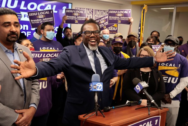 Then-mayoral candidate Brandon Johnson accepts the endorsement of the Service Employees International Union on March 8, 2023. (Antonio Perez/ Chicago Tribune)