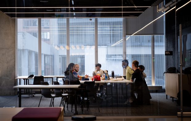 Students meet in a study room in the Columbia College Chicago Student Center, Oct. 28, 2025. (E. Jason Wambsgans/Chicago Tribune)
