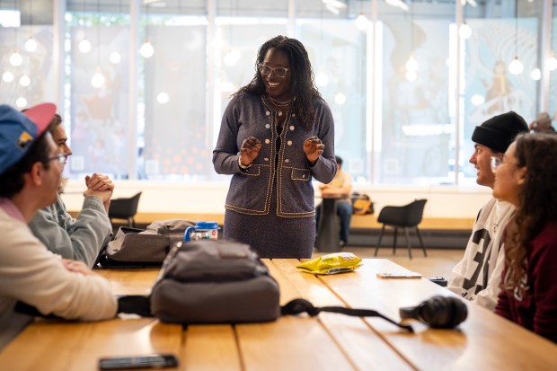 Columbia College Chicago President Shantay Bolton chats with students in the Columbia College Chicago Student Center, Oct. 28, 2025. (E. Jason Wambsgans/Chicago Tribune)