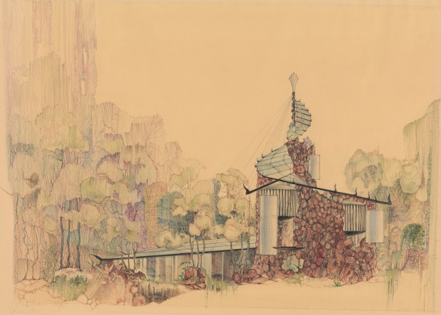 Bruce Goff's Eugene and Nancy Bavinger House in Norman, Oklahoma, was razed in 2016. (Art Institute of Chicago)