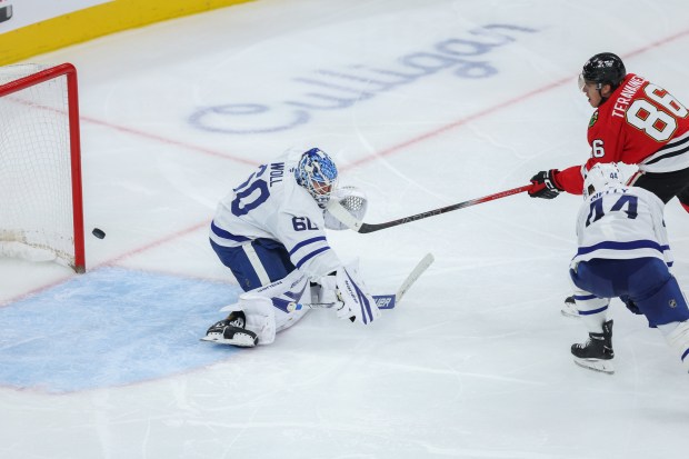 Chicago Blackhawks center Teuvo Teravainen (86) scores a goal past Toronto Maple Leafs goaltender Joseph Woll (60) during the third period at the United Center Saturday Nov. 15, 2025 in Chicago. (Armando L. Sanchez/Chicago Tribune)
