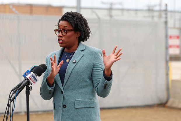 U.S. Rep. Lauren Underwood speaks with the media near the U.S. Immigration and Customs Enforcement holding facility in Broadview on Nov. 24, 2025. (Stacey Wescott/Chicago Tribune)