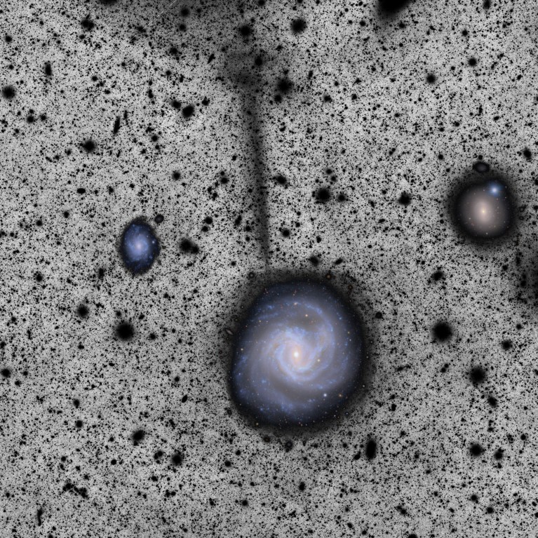 Galaxy M61 with stellar stream surrounded by black and grey splotches