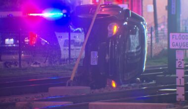 Car overturns on DART tracks in Downtown Dallas, police say