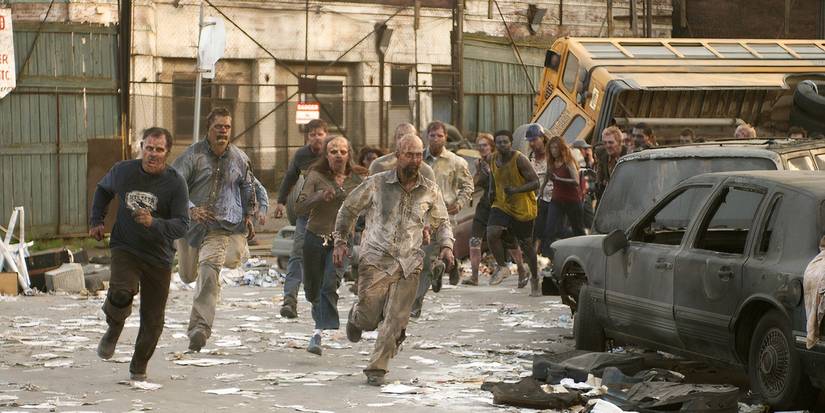 Zombie hordes attack the survivors trying to escape the mall in Dawn of the Dead.
