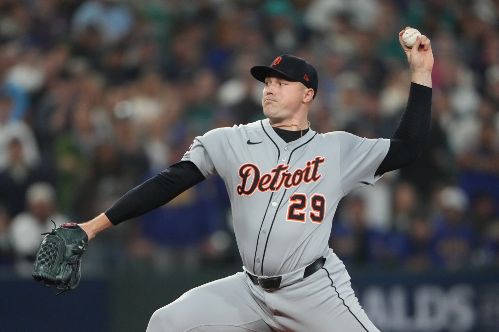 Tarik Skubal throws during the first inning in Game 5 of baseball's American League Division Series against the Seattle Mariners, Friday, Oct. 10, 2025, in Seattle. 