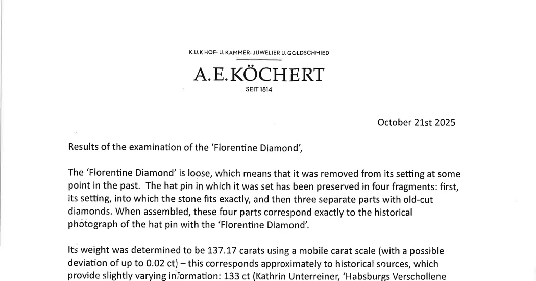 ‘Florentine Diamond’ Letter of Authenticity