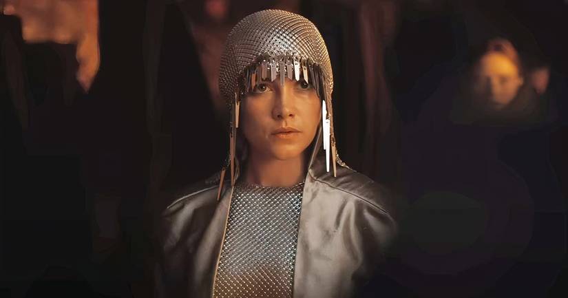 Florence Pugh as Irulan Corrino stunned to hear Paul Atreides take her as his wife for alliance purpose in Dune: Part Two.