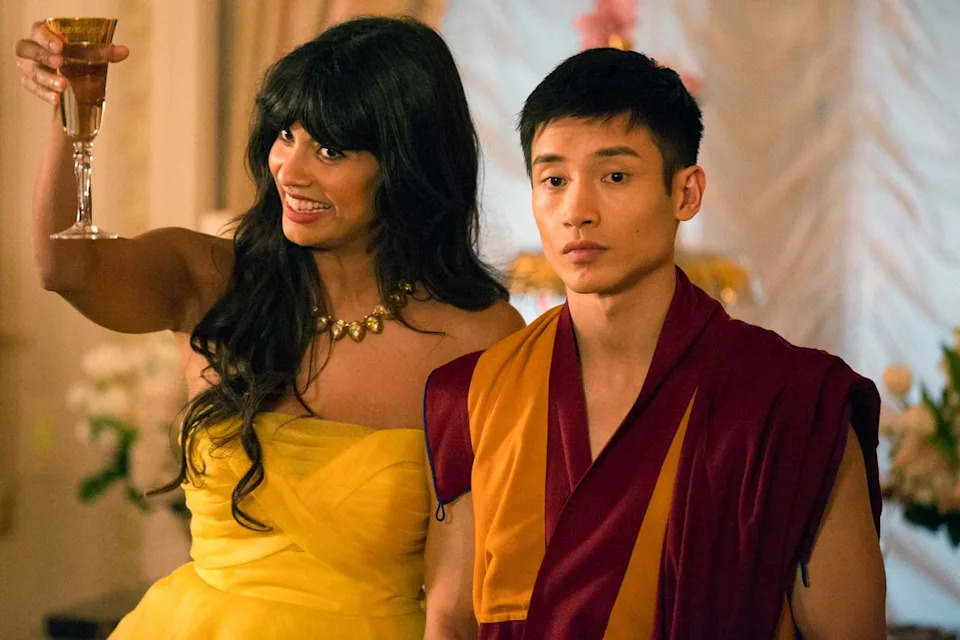 Justin Lubin/NBCU Photo Bank/NBCUniversal via Getty Jameela Jamil and Manny Jacinto in 'The Good Place' (2016)