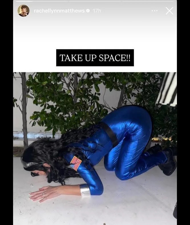 The “Happy Death Day” star was seen in snaps shared on Reddit Saturday wearing a black-colored wig and a blue spacesuit. Rachel Lynn Matthews/Instagram