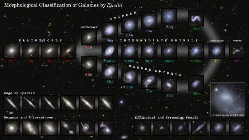 This image shows examples of galaxies in different shapes, all captured by Euclid during its first observations of the Deep Field areas. Credit: ESA/Euclid/Euclid Consortium/NASA, image processing by M. Walmsley, M. Huertas-Company, J.-C. Cuillandre Euclid's first data release sheds light on galaxy evolution