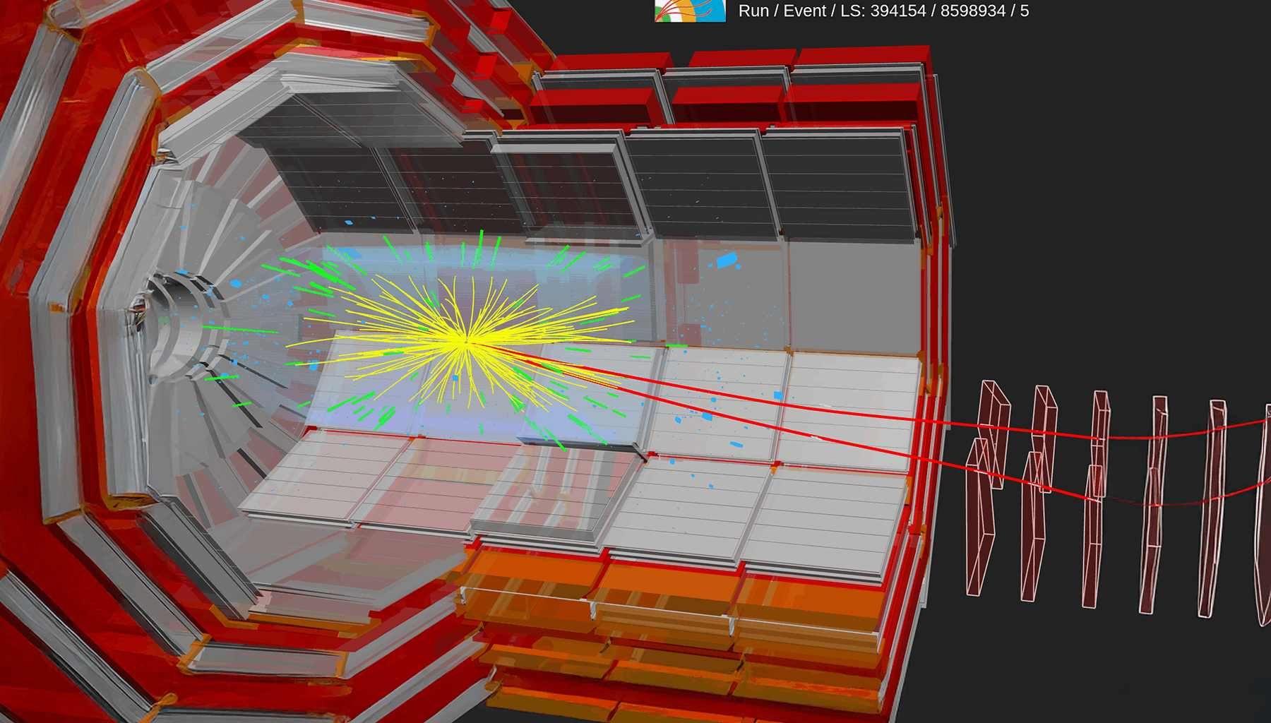 European Organization for Nuclear Research (CERN) showing an oxygen-oxygen collision captured by the CMS detector at the LHC.