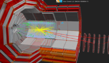 European Organization for Nuclear Research (CERN) showing an oxygen-oxygen collision captured by the CMS detector at the LHC.