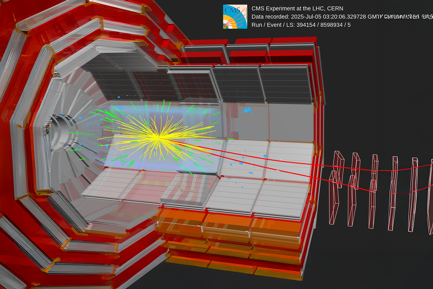 European Organization for Nuclear Research (CERN) showing an oxygen-oxygen collision captured by the CMS detector at the LHC.